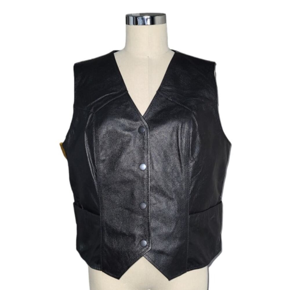 Grey Wolf Black Leather Moto Vest XL Biker Grunge Punk Festival Streetwear EUC